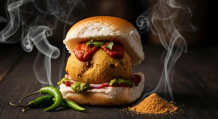 Steaming spiced potato patty sandwich with chili, chutneys, on dark wood © Ngopas