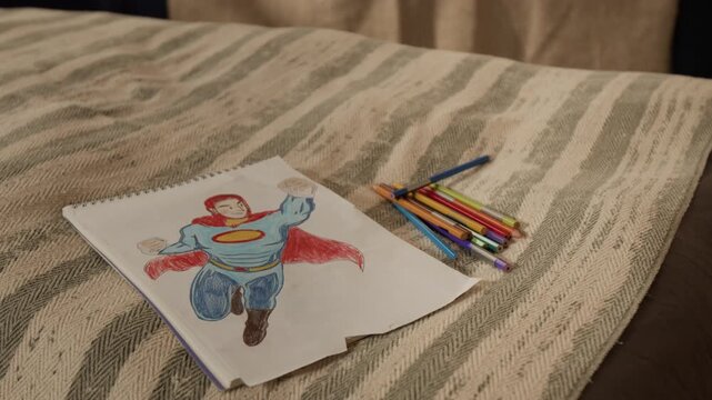 Close-up of child drawing of cartoon action hero image, wearing cape and costume, flying with clenched fists, next to color pencils on young boys bed at family home, suggesting creative leisure