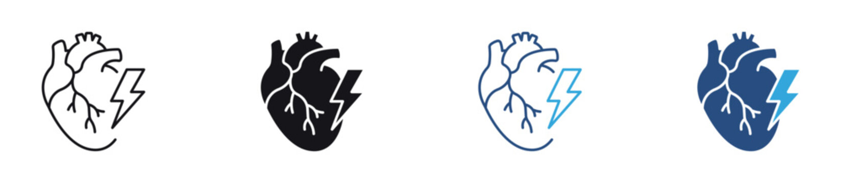 Heart Attack Icon Set. Human heart with lightning bolt symbol representing cardiovascular disease, medical emergency, and heart health concept. Vector illustration.