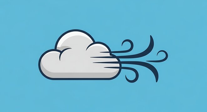Stylized cloud with lines depicting wind blowing strongly across a blue background