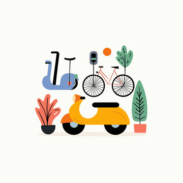 Shared Mobility Hub Icons Set Featuring Transport and Charging Symbols