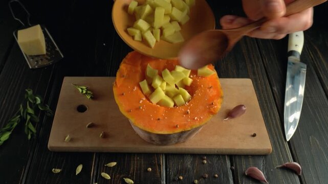 Hand pouring diced potatoes into hollowed pumpkin on wooden cutting board with knife and spices visible in a cozy kitchen setting