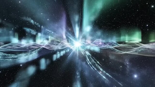 Glowing light rays in starry night.