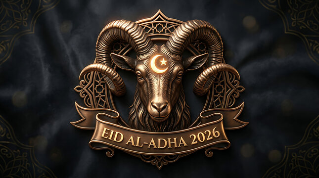 Ornate ram head with crescent moon and banner for eid al-adha 2026, horned anima