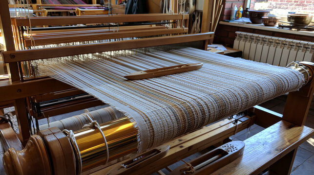 A traditional wooden loom in a workshop with a partially woven fabric on it