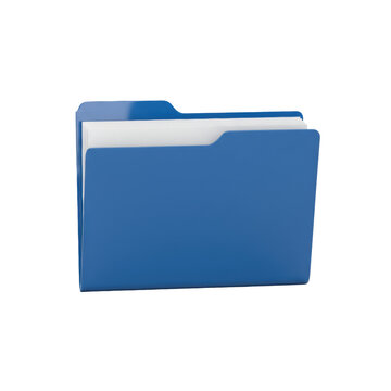 Glossy cobalt blue plastic folder slightly ajar revealing stacked white paper documents isolated on white background, concept of professional administrative efficiency