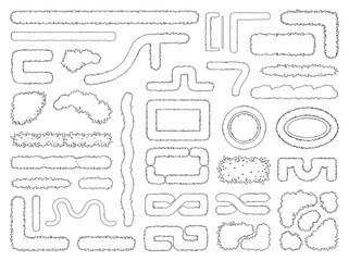 CAD hedge maze line drawing set, top view outline garden hedges pathways and topiary symbols for architecture landscape design site plan vector illustration © Rumelaz