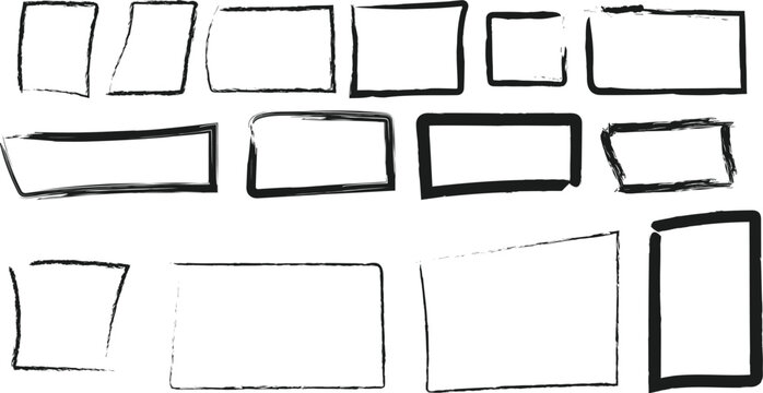 Hand drawn black ink frames, set of 14 sketchy rectangle borders, textured charcoal brush stroke boxes for design and scrapbooking