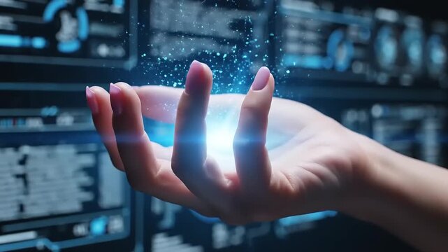 Hand holding glowing blue digital data.