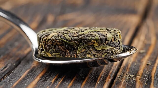 Closeup of Compressed Green Tea Leaves on a Spoon.