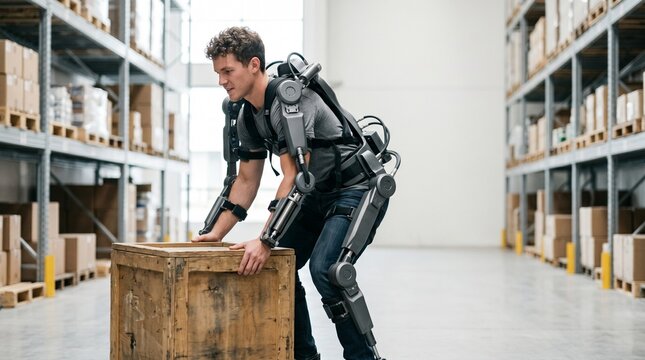 Warehouse worker wearing a robotic exoskeleton suit to lift a heavy wooden crate in a modern industrial storage facility