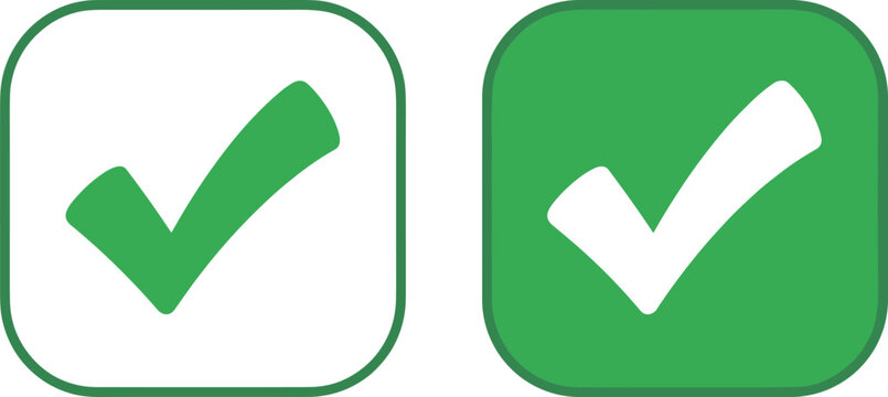 Vector illustration set of green and white checkmark approved tick icons in rounded square button shapes