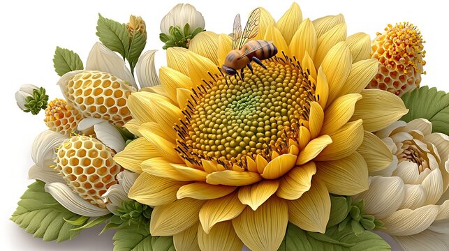 Beautiful yellow sunflower with a bee high resolution image