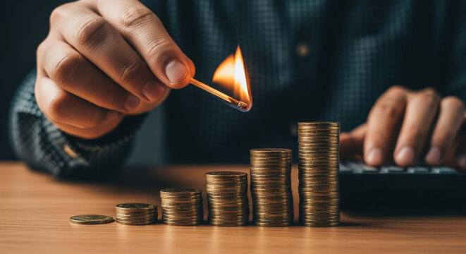 Fire Burning Match With Money Coin Stacks Business Growth Investment Savings Financial Risk And Crisis Business Profit Income Wealth Concept