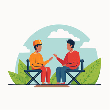 Two men talking outdoors, one wearing a kufi cap