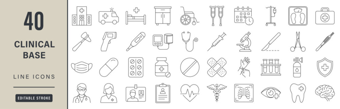 Editable stroke style medical line icons set for clinical diagnostics, telemedicine application interfaces and healthcare management graphics