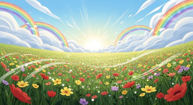 Sunny meadow with vibrant flowers, fluffy clouds, and double rainbows arching across