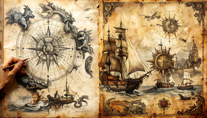 Fototapeta premium Exploring the design of a complex maritime astrolabe and compass used in ancient navigation