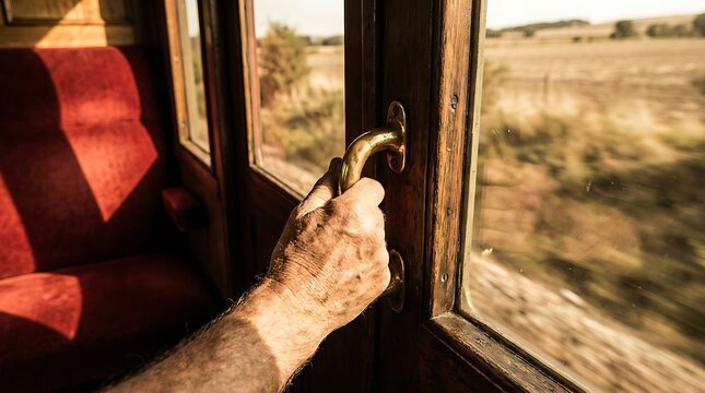 An old man's hand reaches out to open the door of a vintage train car, with a blurred landscape visible outside