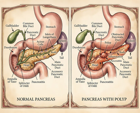 Medical illustration of a pancreatic polyp with detailed anatomy of the pancreas and surrounding digestive organs in clinical diagnostic style.