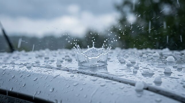 Raindrops on a car surface, with a splash of water captured mid-air. The scene evokes a sense of a sudden downpour