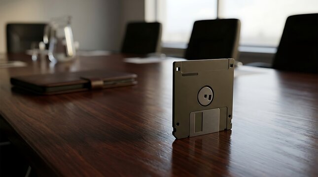 A vintage floppy disk sits on a polished wooden conference table, reflecting the ambient light. The table is set for a meeting with water glasses and notebooks.
