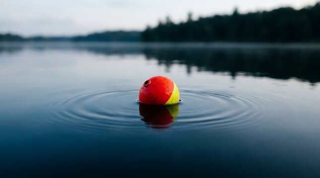 A fishing float bobbing gently on the calm surface of a tranquil lake. The morning mist hangs low over the distant treeline, creating a serene and peaceful atmosphere.