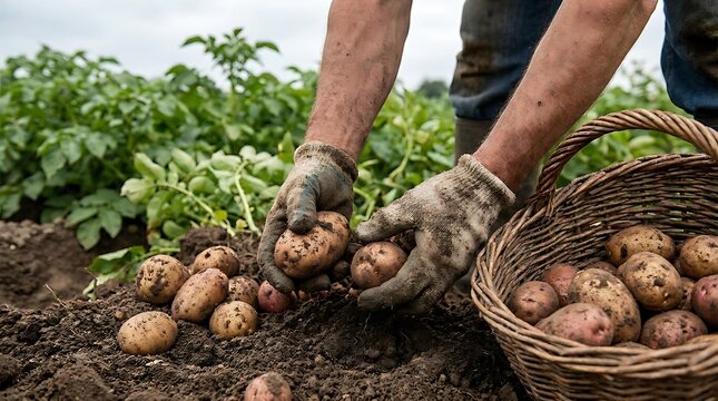Hands harvesting fresh potatoes directly from the soil into a basket, showcasing the bounty of the earth