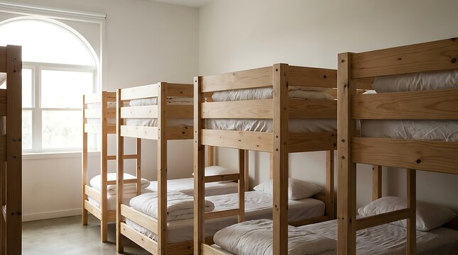 Bunk beds in a dormitory room with a large arched window. The wooden beds are neatly made with white linens