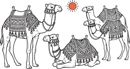 Camel group illustration featuring decorative saddles and ornate patterns set against a sun icon perfect for travel themes and desert culture graphic design asset projects © Ajoy