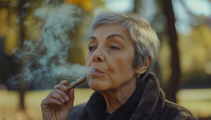 Fototapeta premium Elderly woman with gray hair enjoys vaping in a park on a sunny day while surrounded by nature