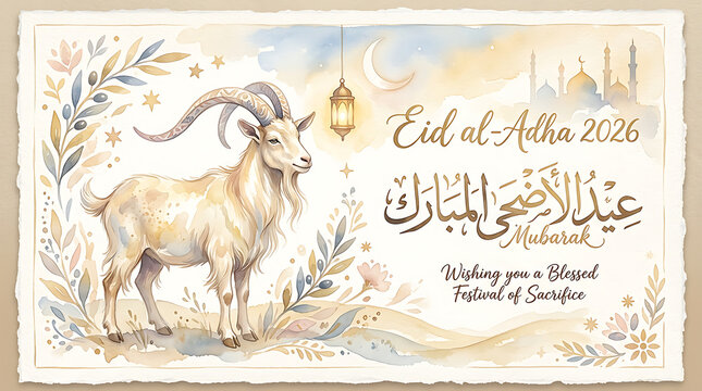 Watercolor eid al-adha 2026 card with goat and arabic calligraphy, religious hol