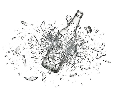 Glass bottle shattering into pieces on a transparent background with fragments flying everywhere