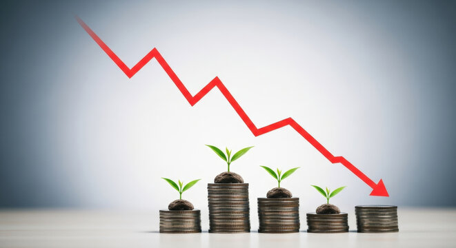 Financial Recession Concept with Decreasing Graph and Plant Growth on Coin Stacks Downward Trend Economy Investment Loss Decline Risk Crisis