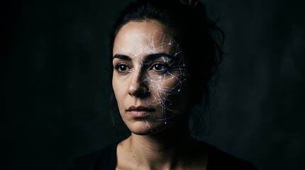 Obraz premium Futuristic woman with glowing biometric data scan on her face