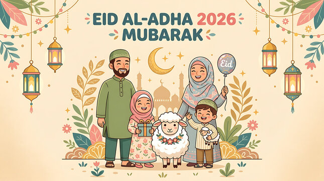 Eid al-adha 2026 mubarak islamic family gathering with sheep, kurban bayrami