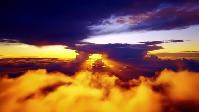 An awe-inspiring high-altitude aerial video at golden hour, vast sky with majestic cumulonimbus clouds in gold, orange, purple. Sharp sun rays pierce, luminous shafts of light cascade. Dreamlike