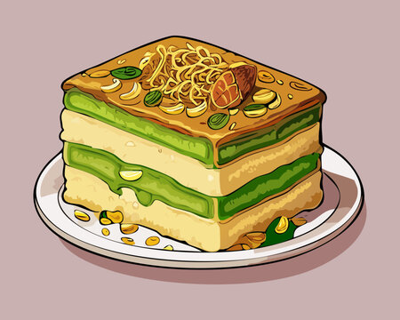 Delicious indonesian layered pastry cake kue lapis legit served on a traditional ceramic plate - Vector Illustration
