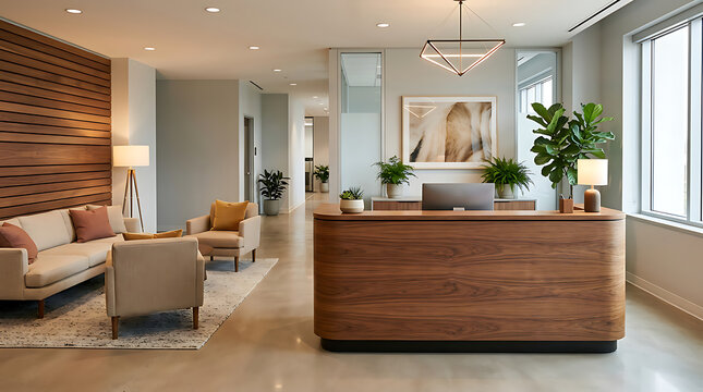Modern office lobby with a warm wooden reception desk, comfortable lounge seating, and elegant interior design