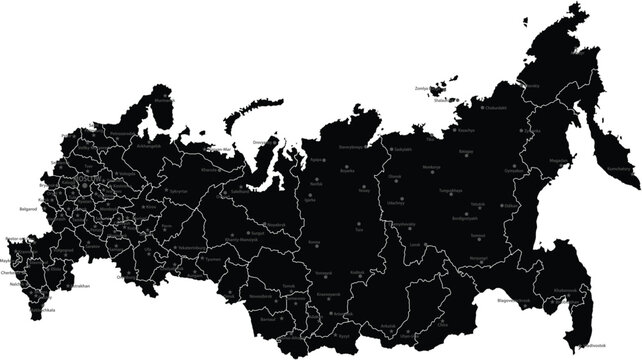 Black silhouette vector map of the Russian Federation featuring detailed administrative borders, regional divisions, and major city locations