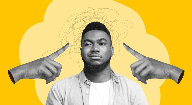 A collection shows a man standing against a bright background. Two hands point at his head while abstract lines suggest he is deep in thought. The scene evokes a sense of contemplation.