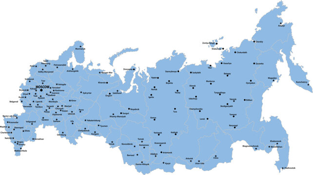 Light blue vector map of the Russian Federation with administrative internal borders major cities and regional divisions