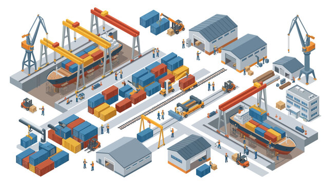 Industrial shipping port with cargo cranes, containers, and ships under construction in a logistical hub