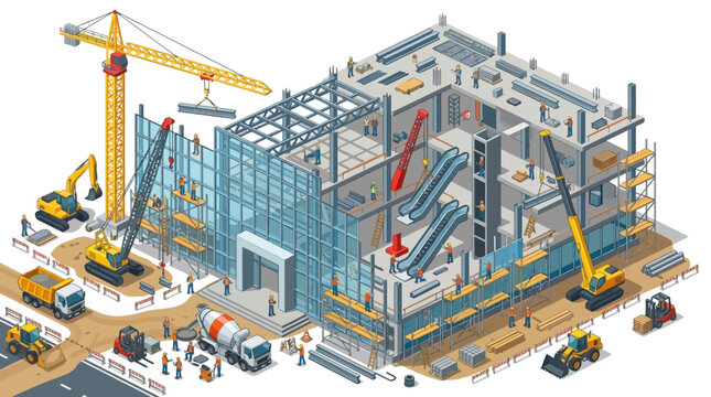 Construction site of a modern building with cranes and heavy machinery in progress