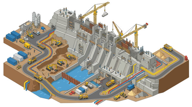 Construction of a large hydroelectric dam with multiple stages of progress and heavy machinery