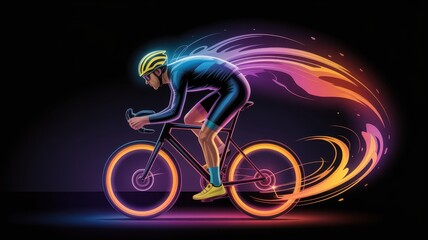 Fototapeta premium Dynamic cyclist with glowing neon light trails on dark background