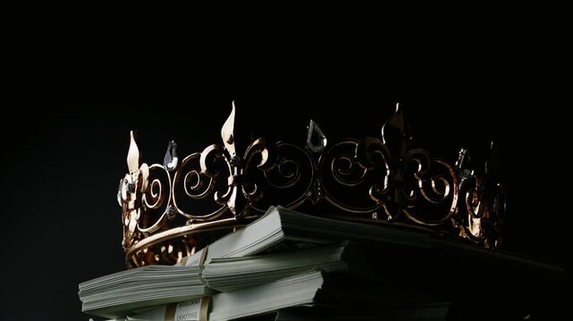 Cash Is King Concept Video Featuring an Gold Crown Slowly Spinning on Large Stacks of Money in a Moody Dark Studio Setting Symbolizing Wealth, Power, Luxury, Financial Success and High Value Capital