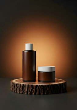 Minimalist Skincare Packaging Mockup on Natural Wood Cross-Section Pedestal
