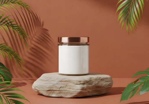 Luxury Cosmetic Jar Mockup on Stone Podium | Tropical Skincare Product Display Background