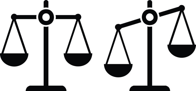 Black and white balance scales balanced and imbalanced justice